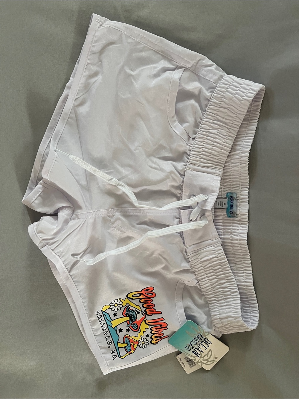 White Women's Beach Graphic Shorts with Elastic Waist